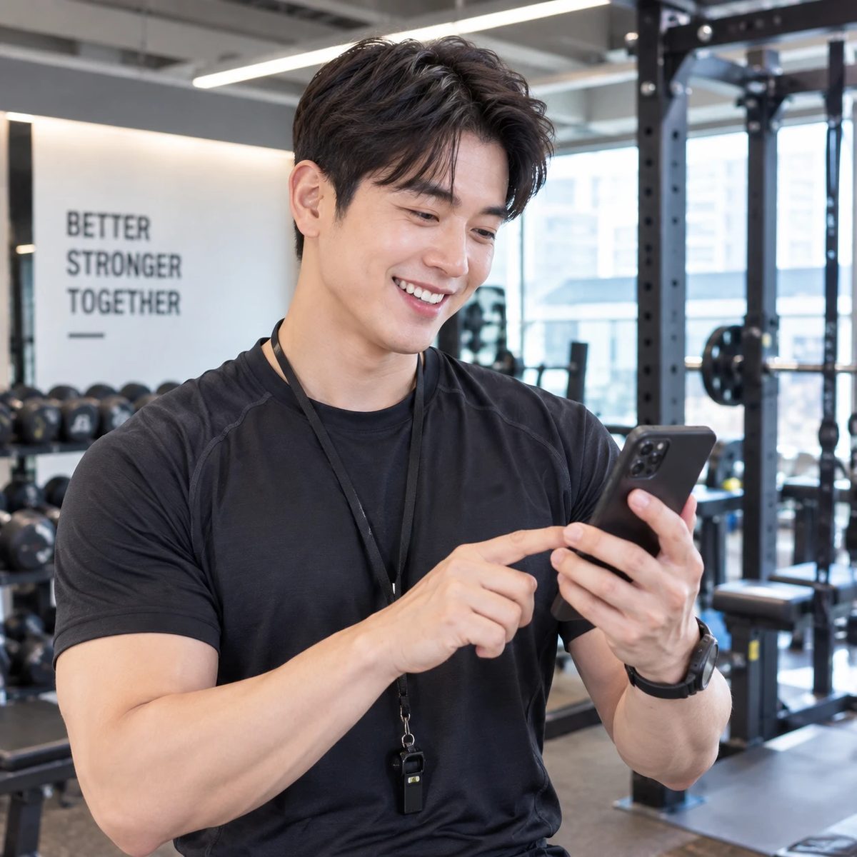 수업 사이에 휴대폰으로 예약을 확인하는 PT 트레이너